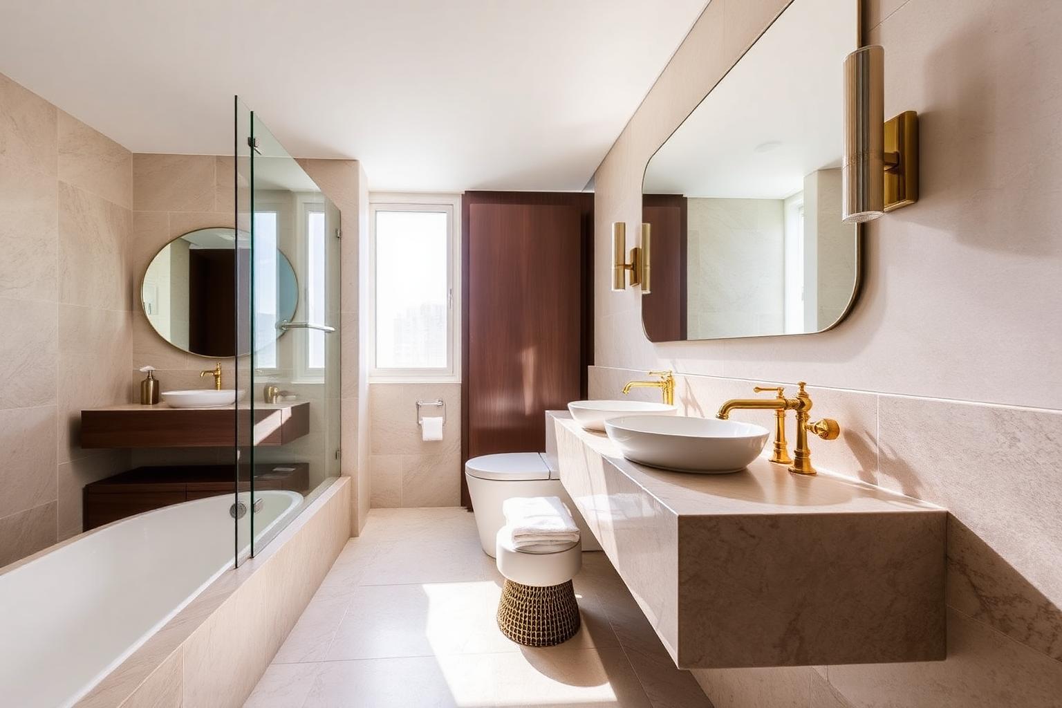 Modern refurbished bathroom with stone vanity and brass fixtures