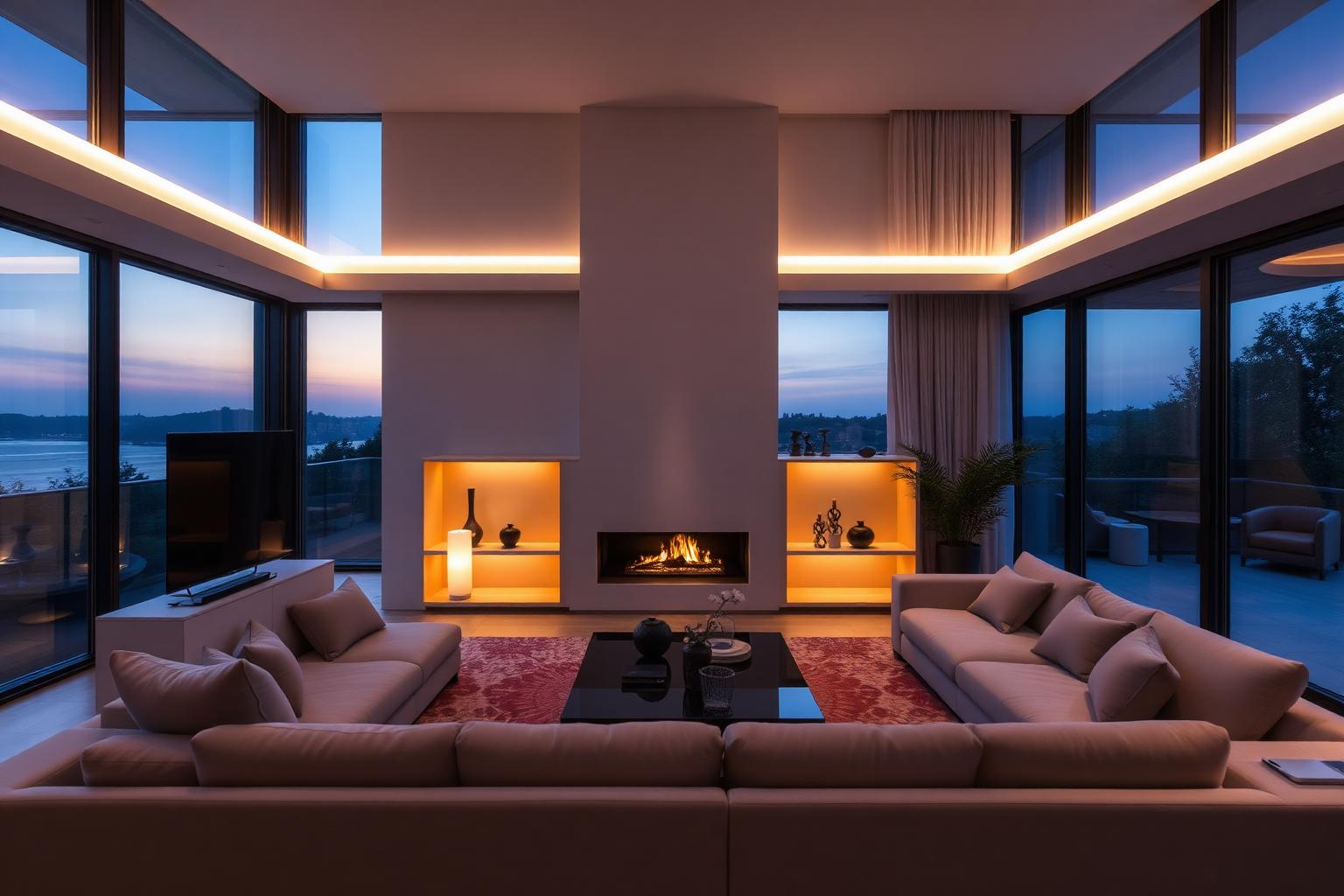 Warm layered lighting in a luxury minimalist living room at dusk