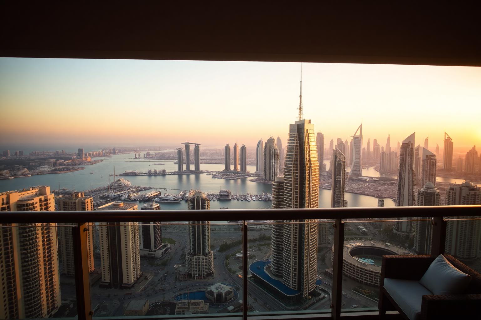 View of Dubai Marina at golden hour from a luxury apartment balcony