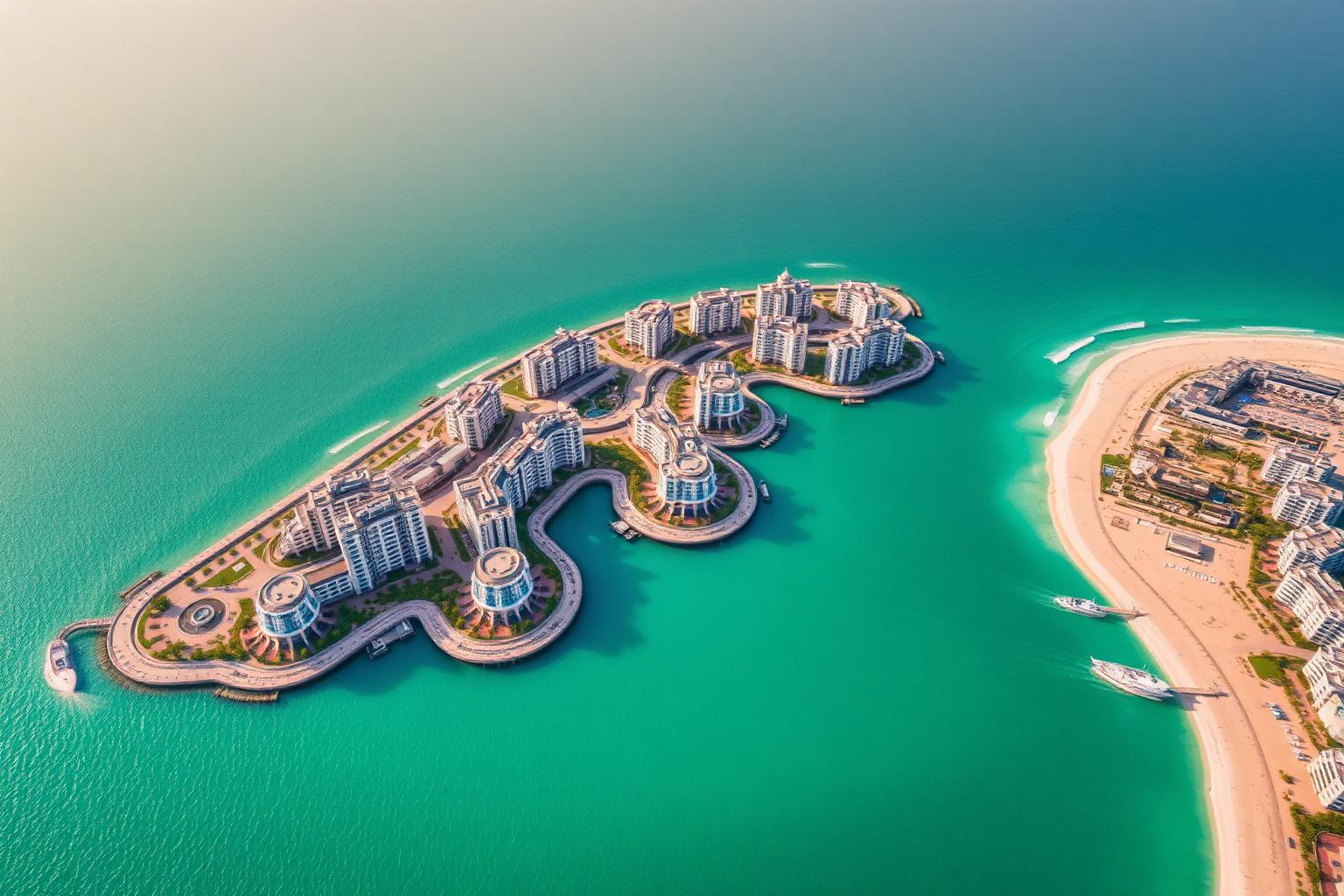 Aerial view of Palm Jumeirah with turquoise water
